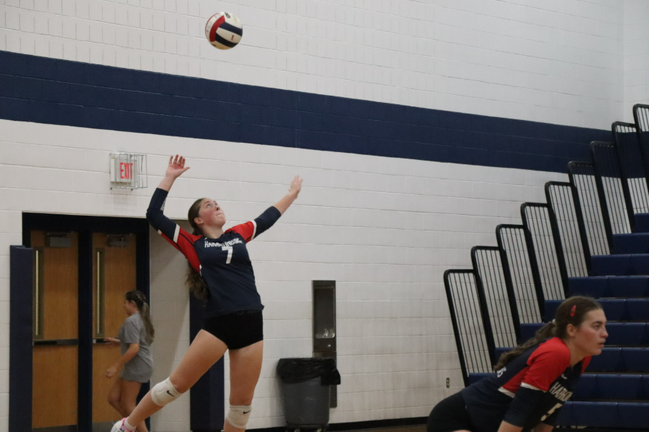 Sophomore Delaney Daynton jumps up to serve.