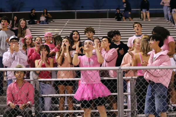 The student section cheers on the football team.