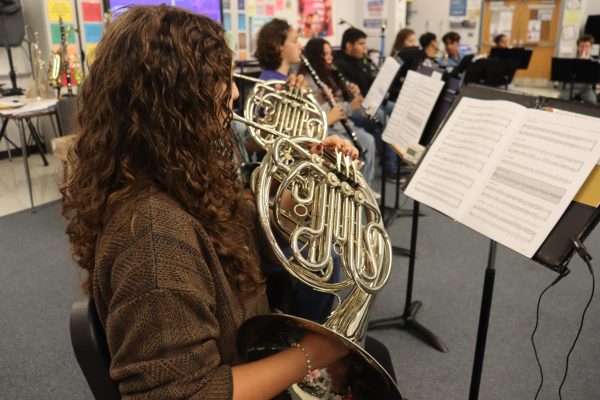 Freshman Lael Wickline plays her French Horn during rehearsal for their concert.
