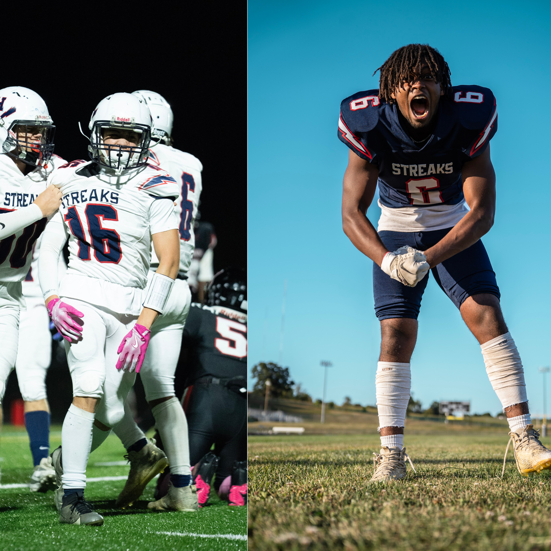 ON THE LEFT: Nathan Slaubaugh celebrates following a drive during the Oct. 10 game at Rocktown. ON THE RIGHT: Joel Friebe-Makinto flexes for the camera at the 2025 Football Media Day.