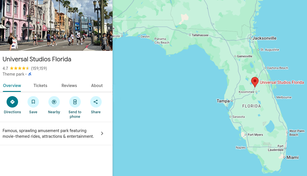 A map of where Universal Studios Orlando is 
